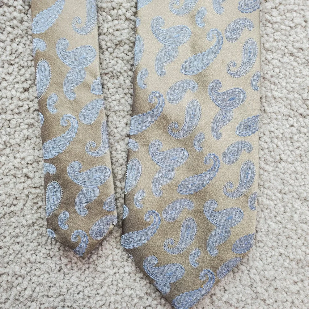 Paul Fredrick Mens Paisley Silk Tie Gold Blue‎ Handmade